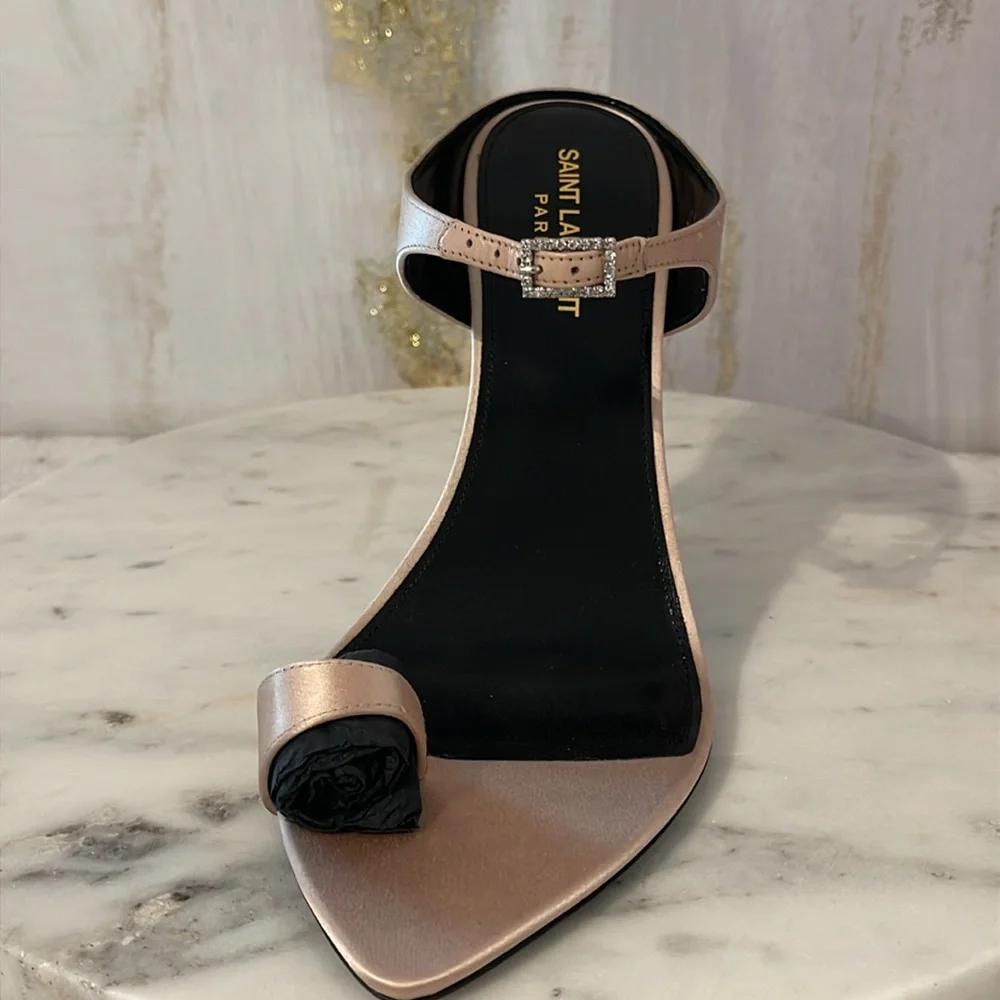 Saint Laurent Women's Tan Heels with Black Rose Detail - Picture 6 of 10